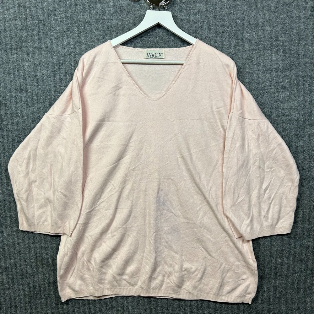 Avalin Sweater Women M Pink Good Vintage Oversized V-Neck USA Made 3/4 Sleeve